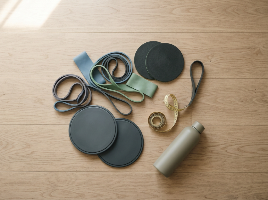 Resistance bands and core sliders flat lay