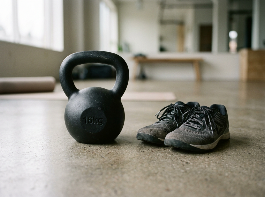 Kettlebell next to training shoes on polished concrete