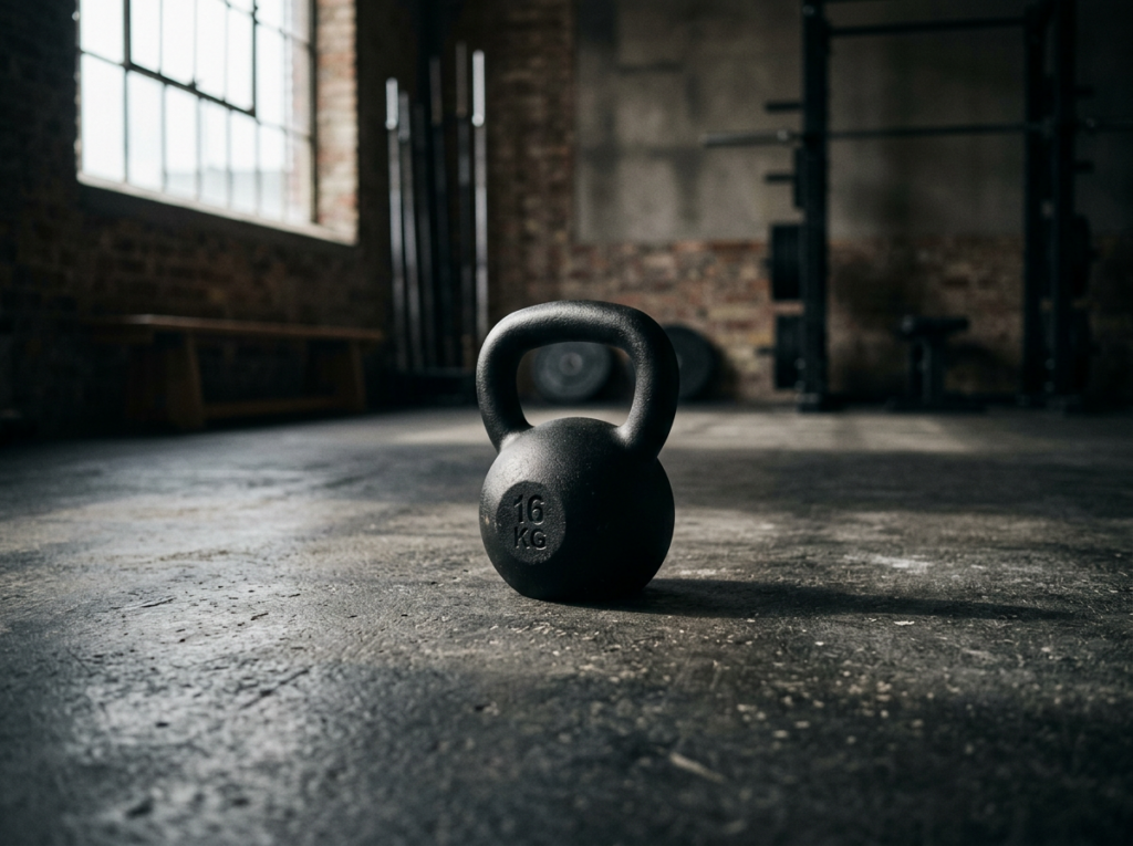 Cast iron kettlebell in industrial gym setting