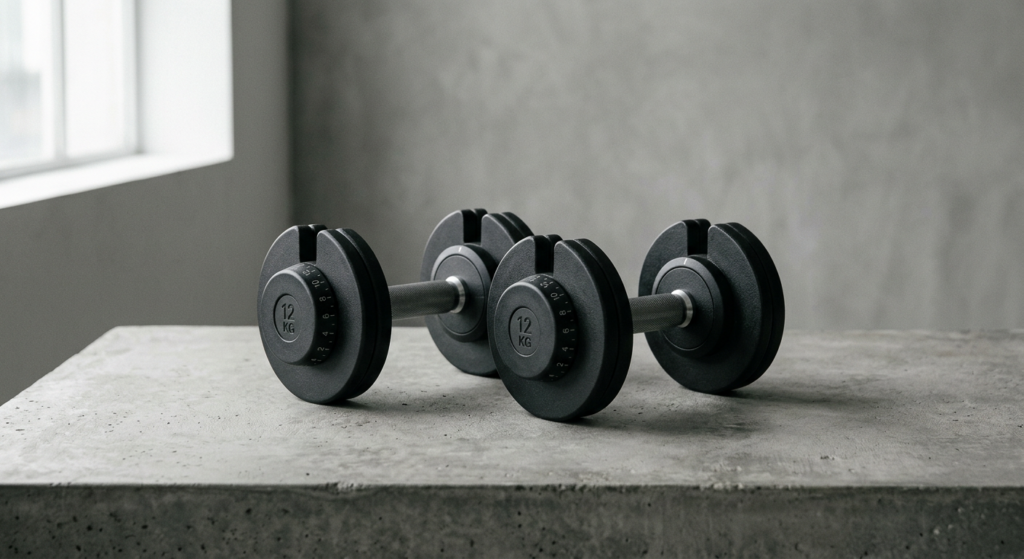 Adjustable dumbbell pair with click-dial selector